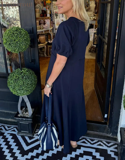 🔥Women’s Solid Color Puff Sleeve Round Neck Long Dress（Buy 2 Free Shipping）