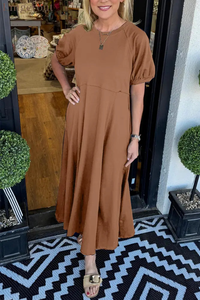 🔥Women’s Solid Color Puff Sleeve Round Neck Long Dress（Buy 2 Free Shipping）