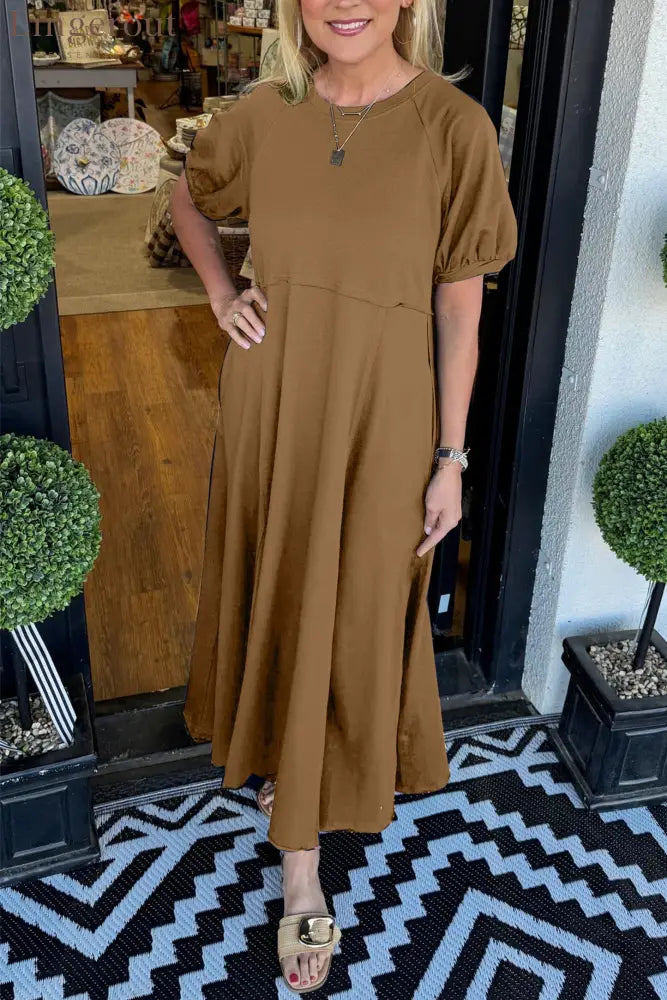🔥Women’s Solid Color Puff Sleeve Round Neck Long Dress（Buy 2 Free Shipping）