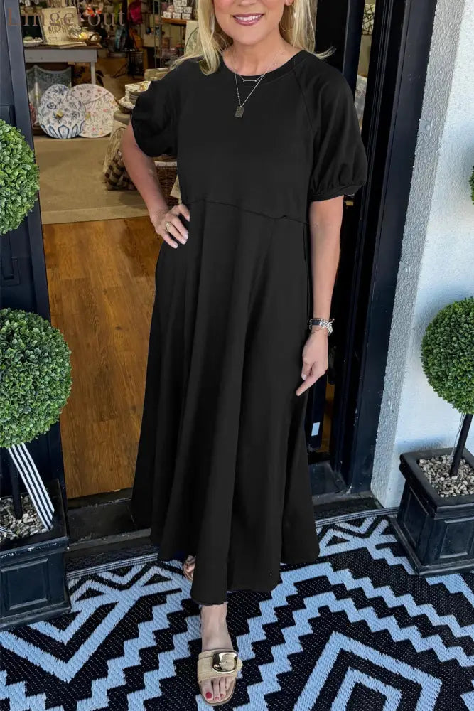 🔥Women’s Solid Color Puff Sleeve Round Neck Long Dress（Buy 2 Free Shipping） - Black / S
