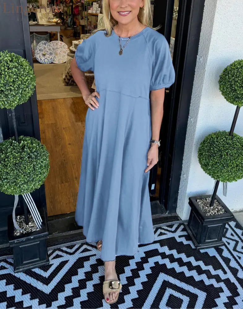 🔥Women’s Solid Color Puff Sleeve Round Neck Long Dress（Buy 2 Free Shipping） - Blue / S