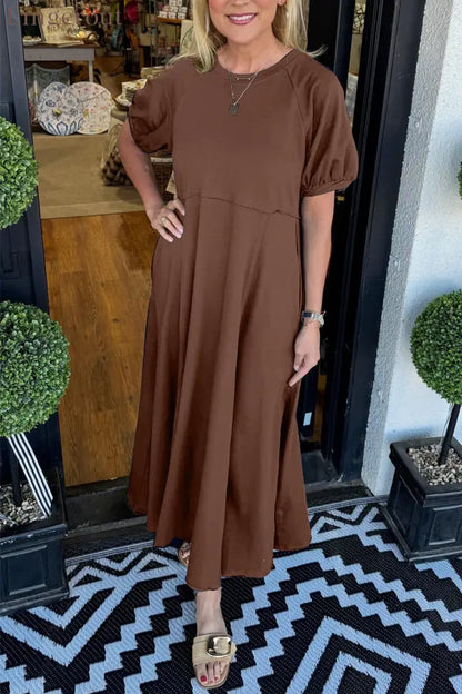 🔥Women’s Solid Color Puff Sleeve Round Neck Long Dress（Buy 2 Free Shipping） - Brown / S