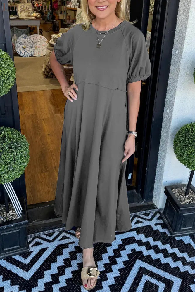 🔥Women’s Solid Color Puff Sleeve Round Neck Long Dress（Buy 2 Free Shipping） - Grey / S