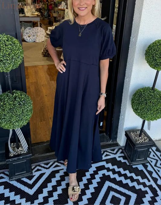 🔥Women’s Solid Color Puff Sleeve Round Neck Long Dress（Buy 2 Free Shipping） - Navy / S