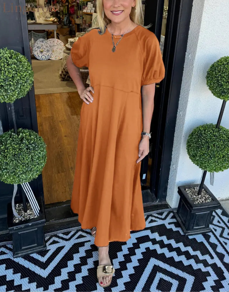 🔥Women’s Solid Color Puff Sleeve Round Neck Long Dress（Buy 2 Free Shipping） - Orange / S