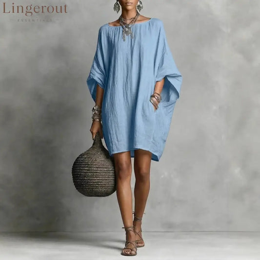 Women’s Solid-color round-neck 3/4-sleeve Casual Loose Cotton-linen Dress