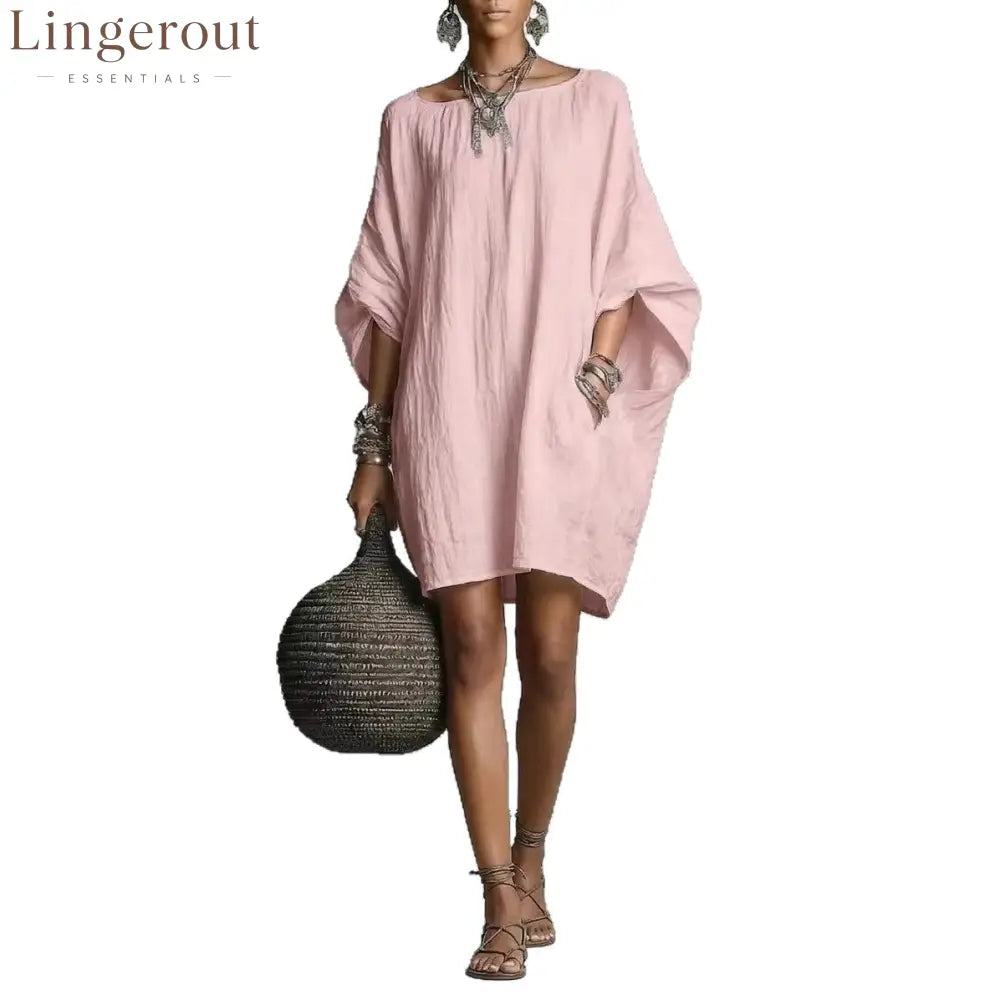 Women’s Solid-color round-neck 3/4-sleeve Casual Loose Cotton-linen Dress