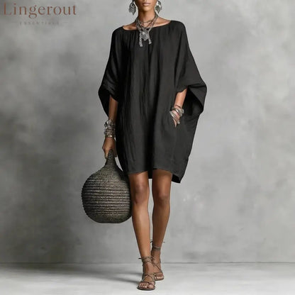 Women’s Solid-color round-neck 3/4-sleeve Casual Loose Cotton-linen Dress