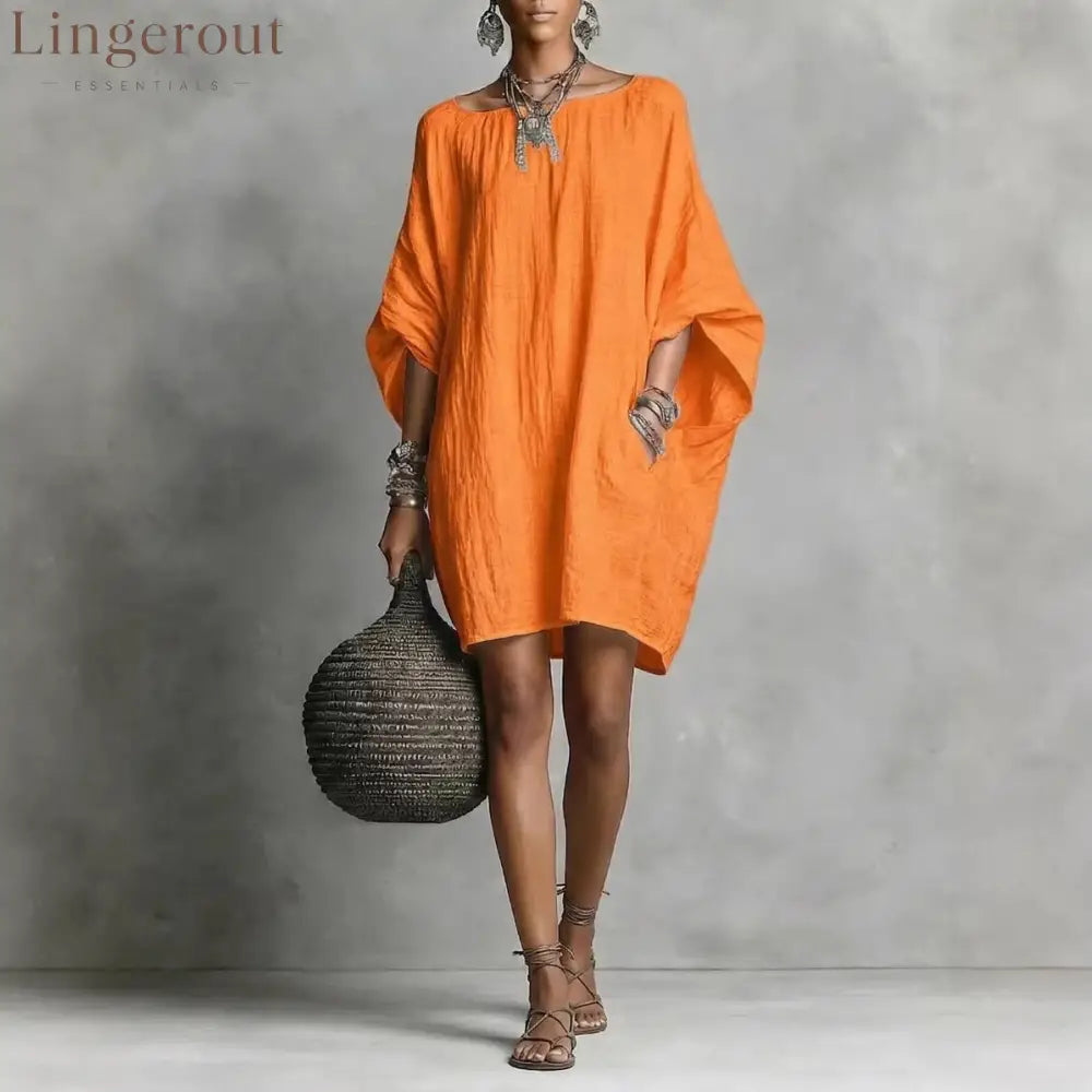 Women’s Solid-color round-neck 3/4-sleeve Casual Loose Cotton-linen Dress