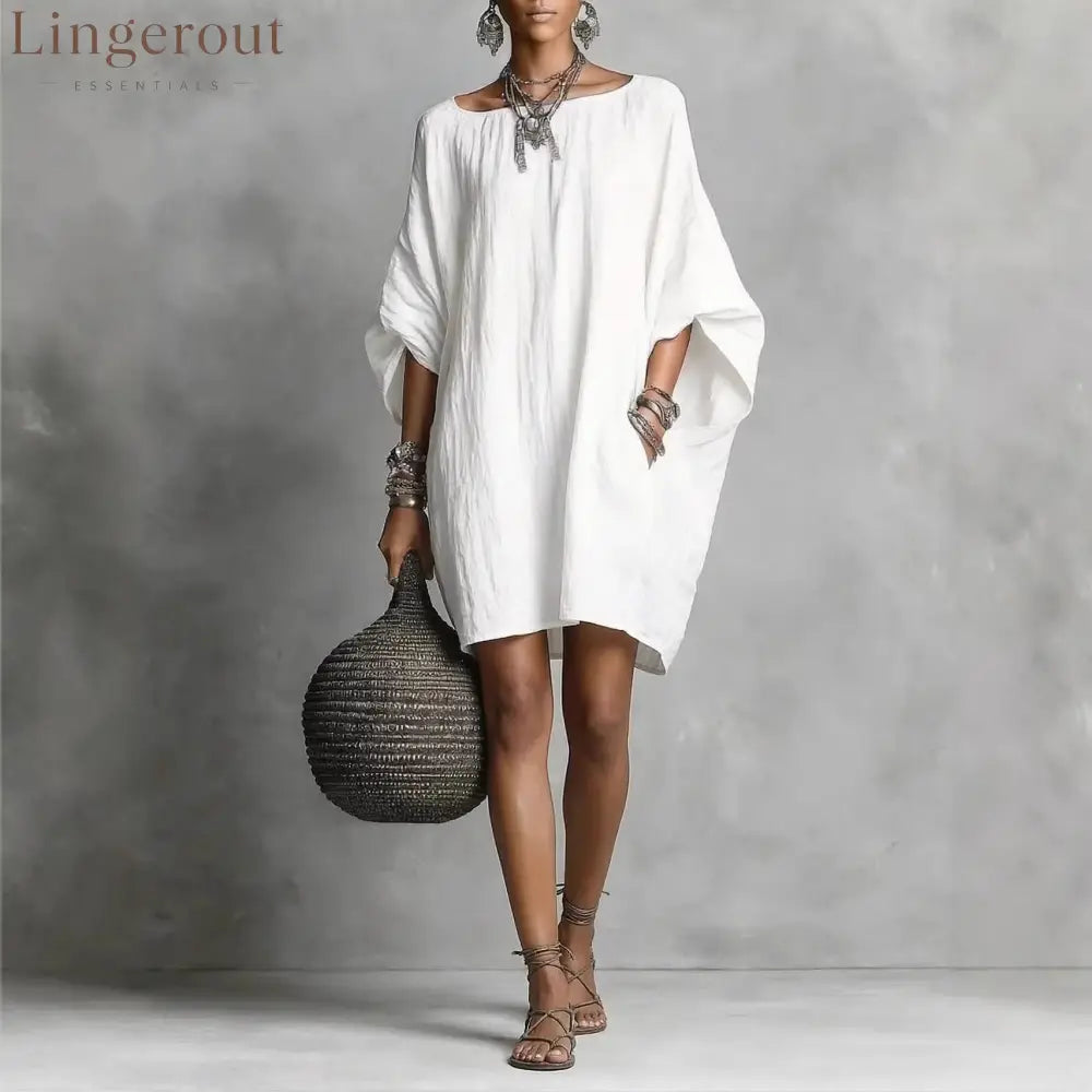 Women’s Solid-color round-neck 3/4-sleeve Casual Loose Cotton-linen Dress