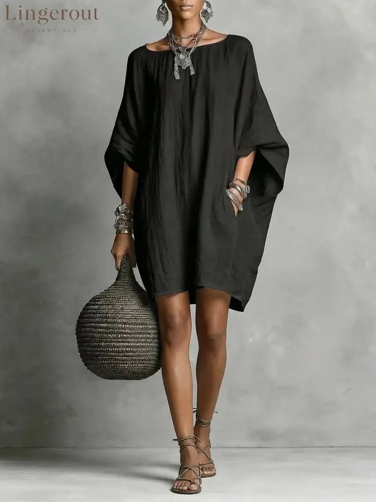 Women’s Solid-color round-neck 3/4-sleeve Casual Loose Cotton-linen Dress - Black / S