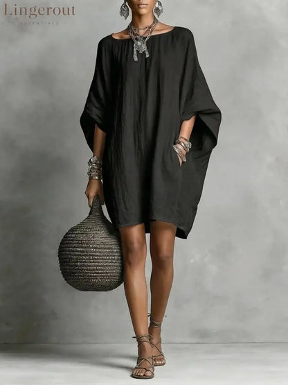 Women’s Solid-color round-neck 3/4-sleeve Casual Loose Cotton-linen Dress - Black / S