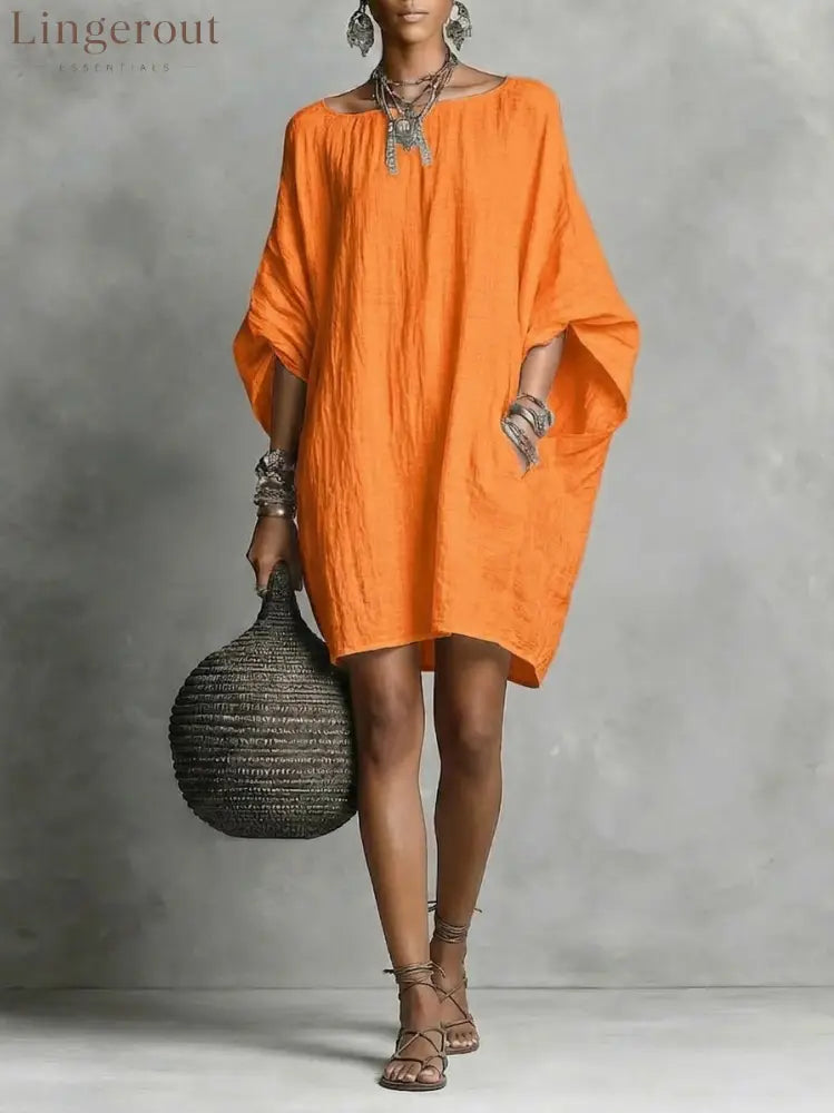 Women’s Solid-color round-neck 3/4-sleeve Casual Loose Cotton-linen Dress - Orange / S