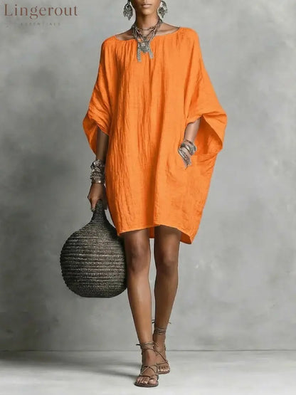 Women’s Solid-color round-neck 3/4-sleeve Casual Loose Cotton-linen Dress - Orange / S