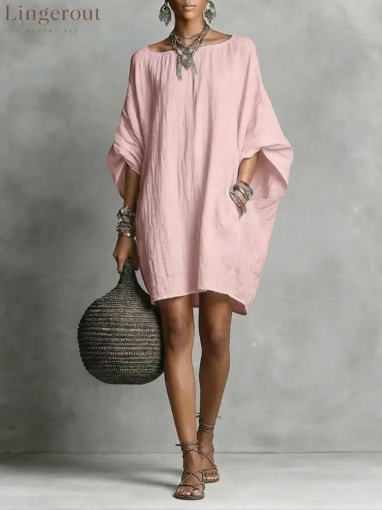 Women’s Solid-color round-neck 3/4-sleeve Casual Loose Cotton-linen Dress - Pink / S