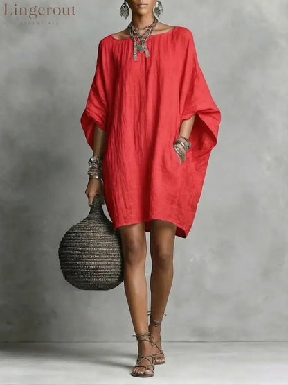 Women’s Solid-color round-neck 3/4-sleeve Casual Loose Cotton-linen Dress - Red / S
