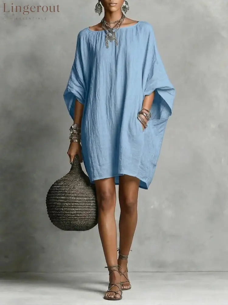 Women’s Solid-color round-neck 3/4-sleeve Casual Loose Cotton-linen Dress - Sky blue / S