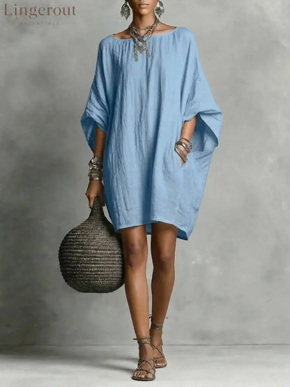 Women’s Solid-color round-neck 3/4-sleeve Casual Loose Cotton-linen Dress - Sky blue / S