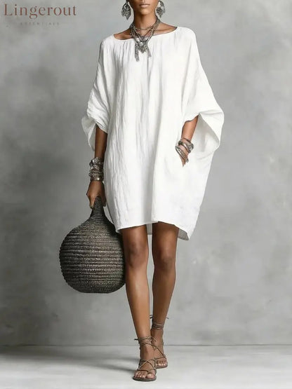 Women’s Solid-color round-neck 3/4-sleeve Casual Loose Cotton-linen Dress - White / S