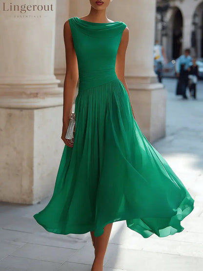 Women’s Solid Color Round Neck Sleeveless Casual Loose A-line Dress - Green / S
