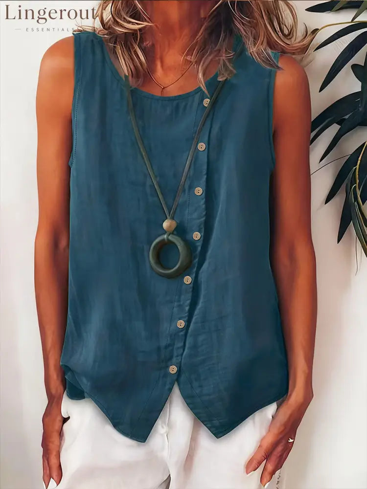 Women’s Solid Color Round Neck Sleeveless Casual Loose Cotton-linen Top - NavyBlue / S