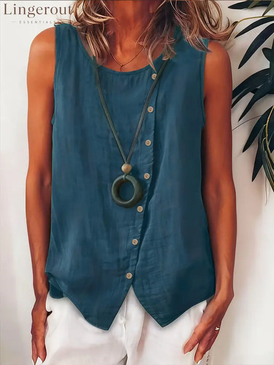 Women’s Solid Color Round Neck Sleeveless Casual Loose Cotton-linen Top - NavyBlue / S
