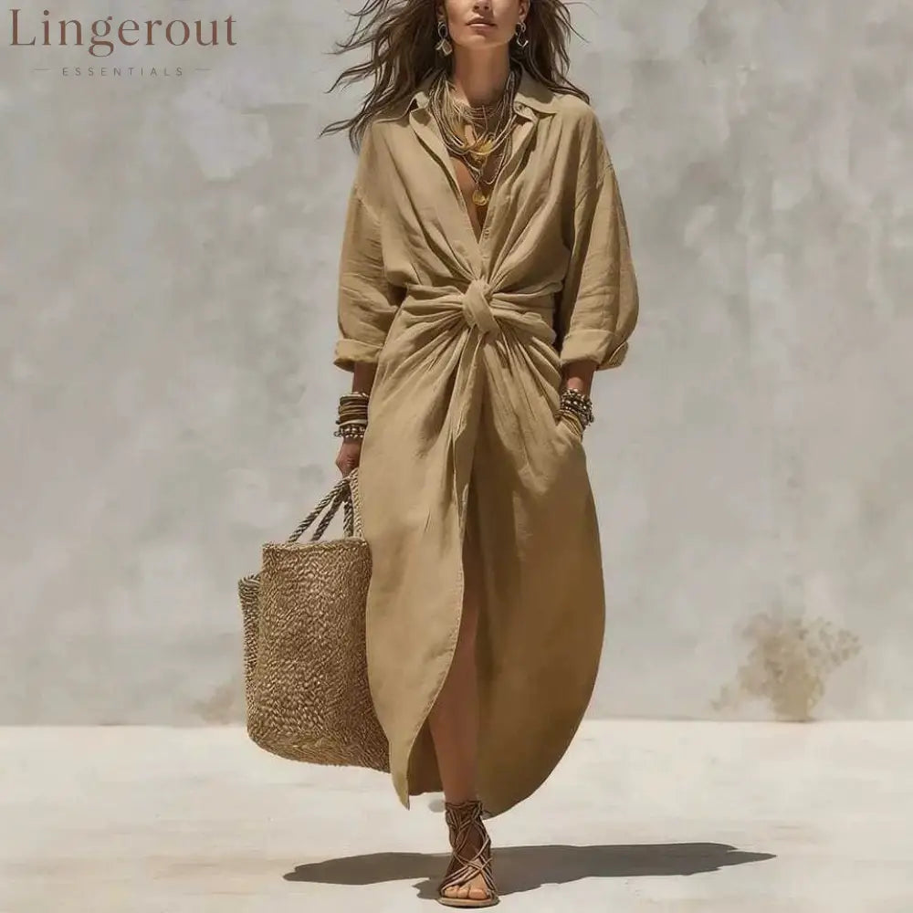 Women’S Solid Color Shirt Collar Single-Breasted Pocket Cardigan Long-Sleeved Casual Dress