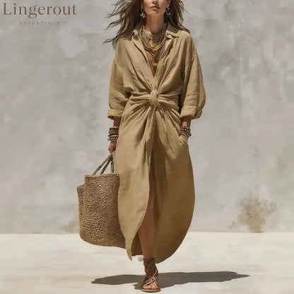 Women’S Solid Color Shirt Collar Single-Breasted Pocket Cardigan Long-Sleeved Casual Dress