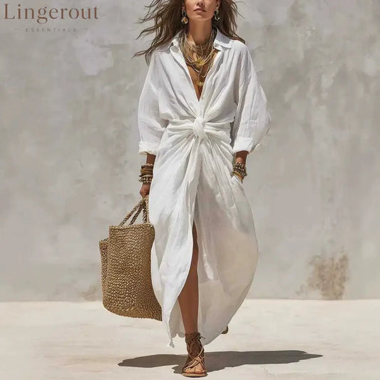 Women’S Solid Color Shirt Collar Single-Breasted Pocket Cardigan Long-Sleeved Casual Dress