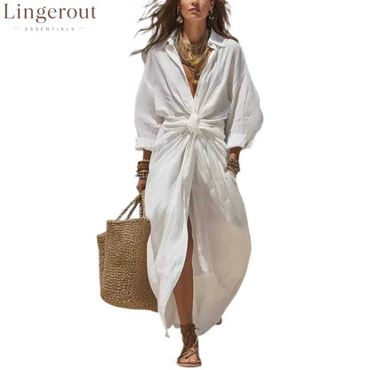 Women’S Solid Color Shirt Collar Single-Breasted Pocket Cardigan Long-Sleeved Casual Dress