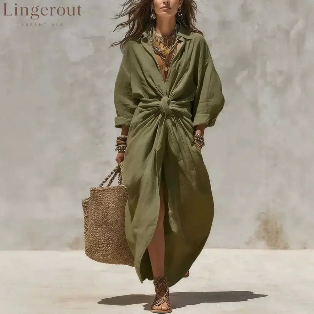 Women’S Solid Color Shirt Collar Single-Breasted Pocket Cardigan Long-Sleeved Casual Dress