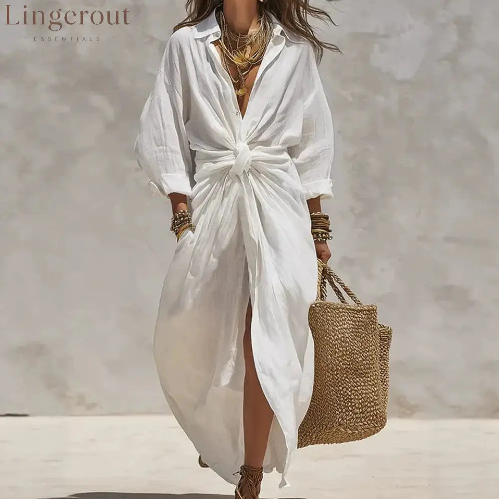 Women’S Solid Color Shirt Collar Single-Breasted Pocket Cardigan Long-Sleeved Casual Dress