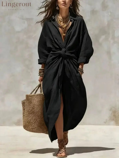 Women’S Solid Color Shirt Collar Single-Breasted Pocket Cardigan Long-Sleeved Casual Dress - Black / XS