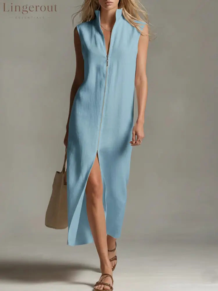 Women’s Solid Color Stand-collar Sleeveless Casual Loose Linen Dress - Blue / S