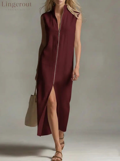 Women’s Solid Color Stand-collar Sleeveless Casual Loose Linen Dress - Burgundy / S