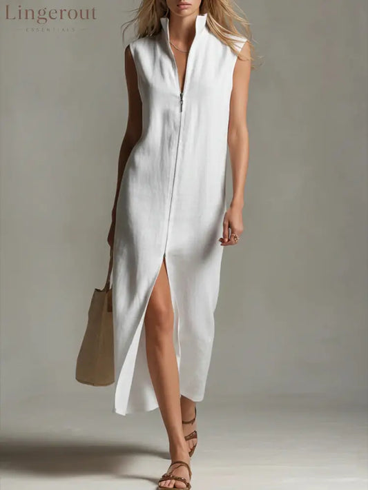 Women’s Solid Color Stand-collar Sleeveless Casual Loose Linen Dress - White / S