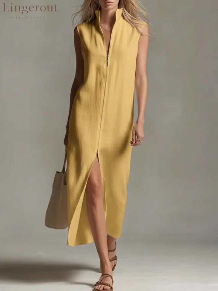 Women’s Solid Color Stand-collar Sleeveless Casual Loose Linen Dress - Yellow / S
