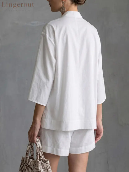 Women’s Solid-color V-neck 3/4-sleeve Casual Loose Cotton-linen Top & High-waisted Wide-leg Shorts Set