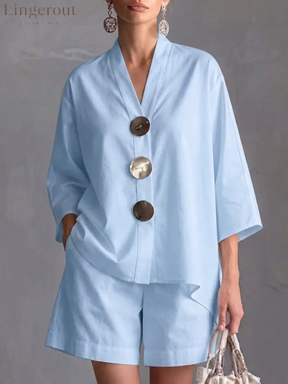 Women’s Solid-color V-neck 3/4-sleeve Casual Loose Cotton-linen Top & High-waisted Wide-leg Shorts Set - Blue / S