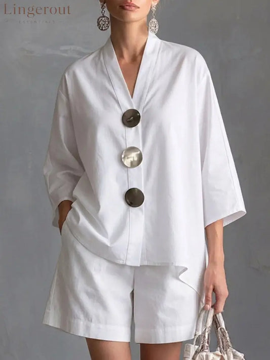 Women’s Solid-color V-neck 3/4-sleeve Casual Loose Cotton-linen Top & High-waisted Wide-leg Shorts Set - White / S