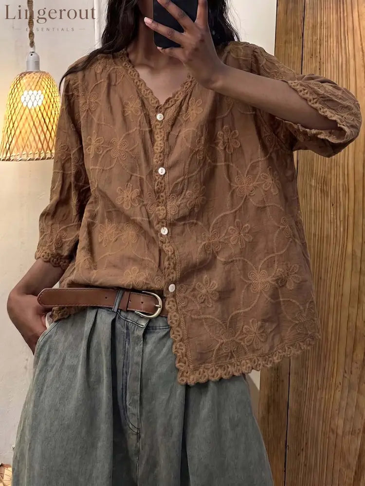 Women’s Solid Color V-neck 3/4 Sleeve Casual Loose Embroidered Cotton-linen Top - Brown / S