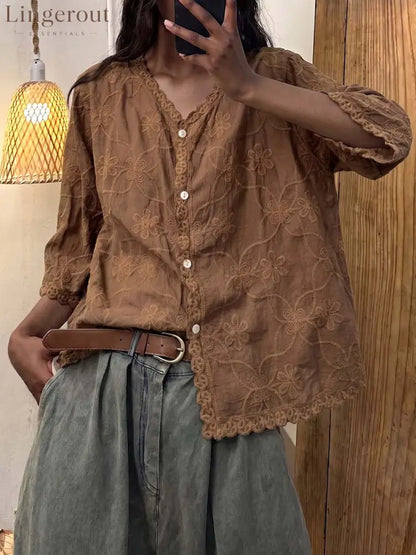 Women’s Solid Color V-neck 3/4 Sleeve Casual Loose Embroidered Cotton-linen Top - Brown / S
