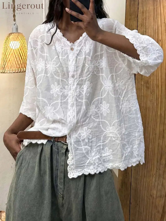 Women’s Solid Color V-neck 3/4 Sleeve Casual Loose Embroidered Cotton-linen Top - White / S