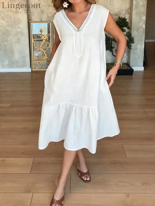 Women’s Solid Color V-neck Sleeveless Casual Loose Cotton-linen Dress - White / S