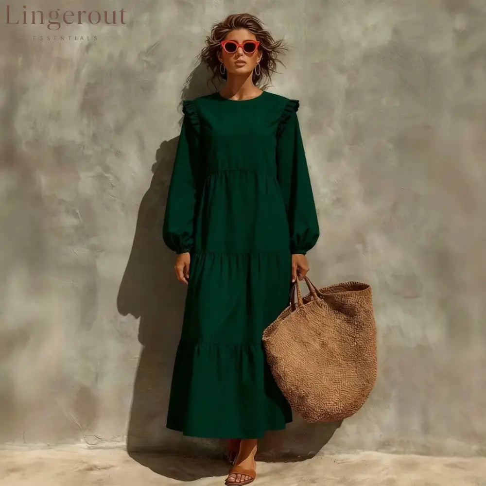 Women’s Solid Emerald Green Ruffle Shoulder Tiered Long‑Sleeve Maxi Dress