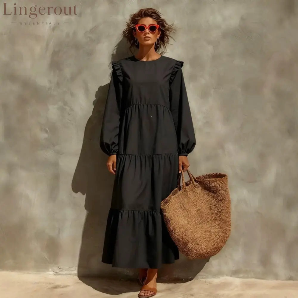 Women’s Solid Emerald Green Ruffle Shoulder Tiered Long‑Sleeve Maxi Dress