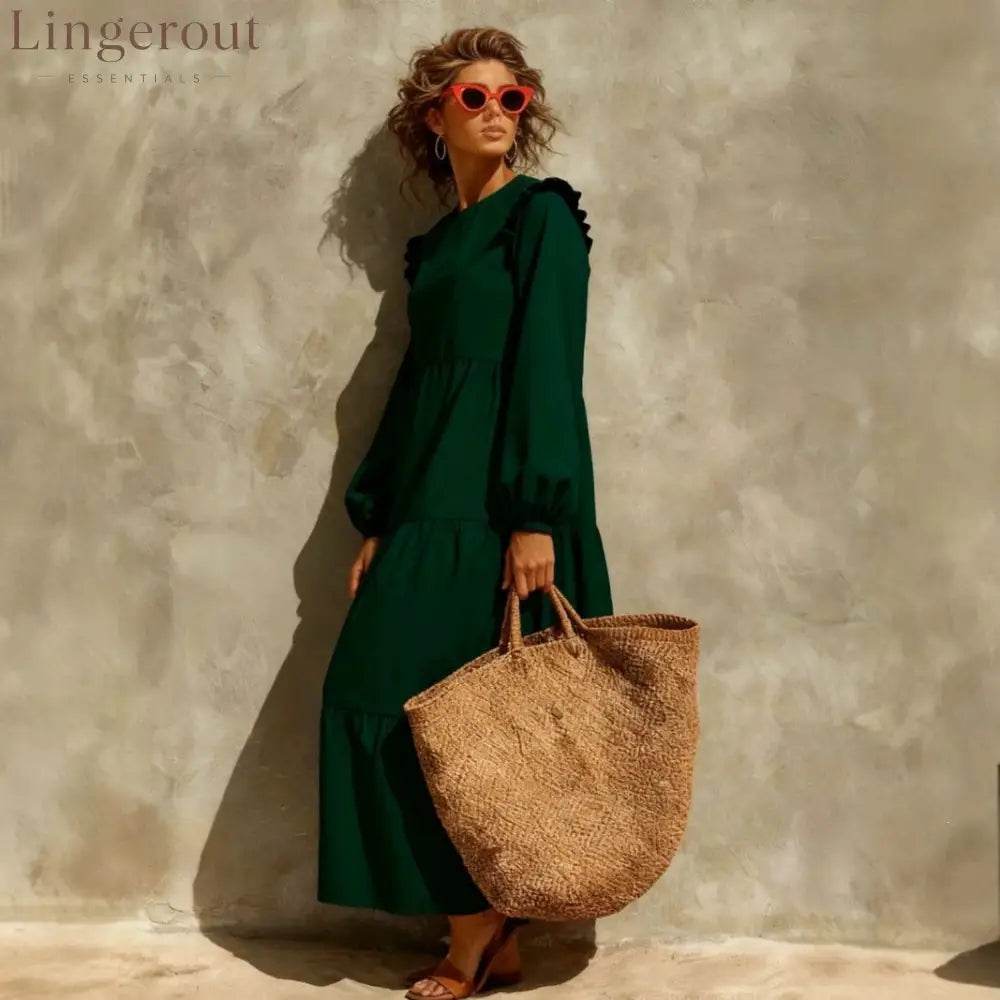 Women’s Solid Emerald Green Ruffle Shoulder Tiered Long‑Sleeve Maxi Dress