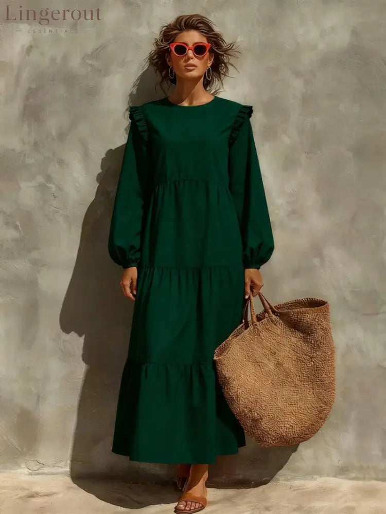Women’s Solid Emerald Green Ruffle Shoulder Tiered Long‑Sleeve Maxi Dress - Green / M
