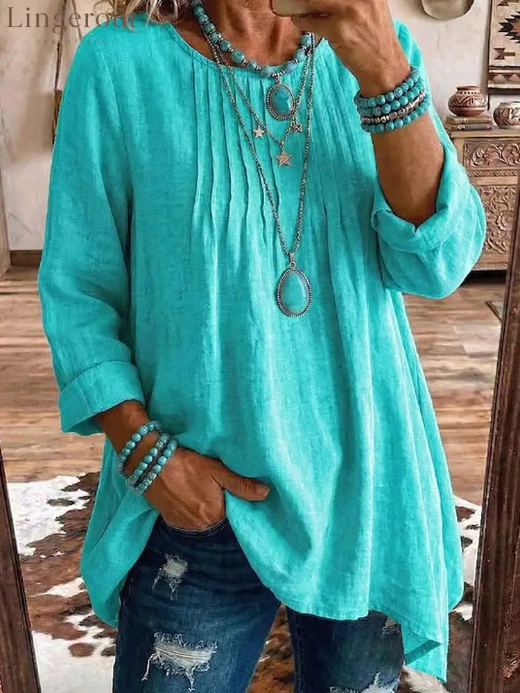 Women’s Solid Linen Round Neck Pleated 3/4 Sleeve Loose Tunic Blouse - Cyan / S