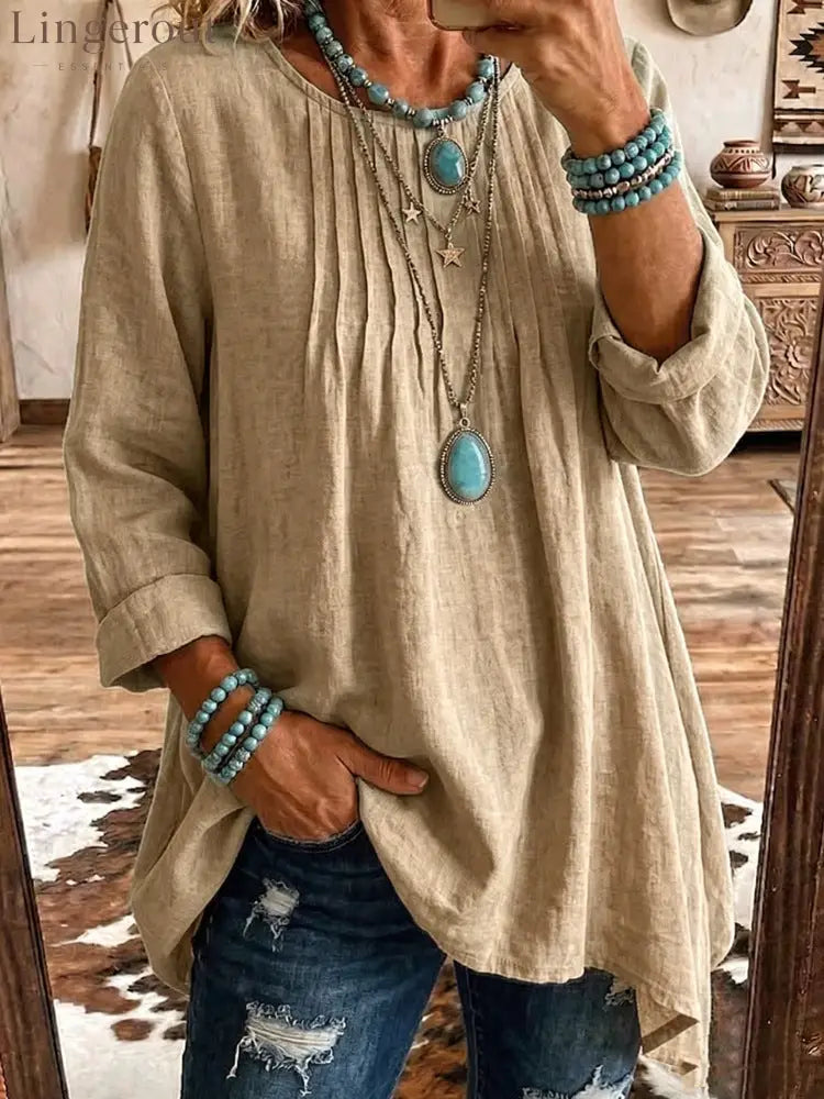 Women’s Solid Linen Round Neck Pleated 3/4 Sleeve Loose Tunic Blouse - Khaki / S